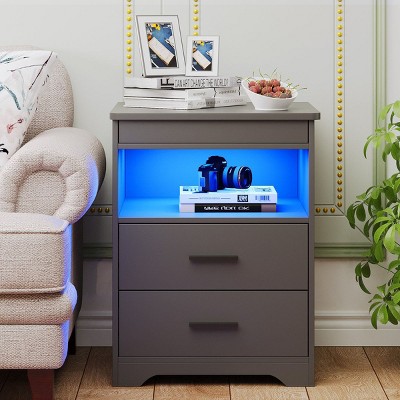 Fredees Night Stand with Drawer, Charging Bedside Table with USB & Type-C Port, LED Nightstand with Human Sensor Light.