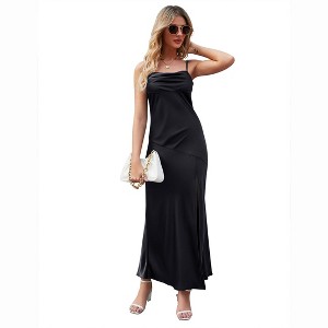 Women's Sleeveless Spaghetti Strap Satin Dress Backless Bodycon Sexy Cocktail Beach Evening Party Club Midi Dresses - 1 of 4
