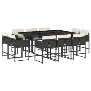 vidaXL 11-Piece Patio Dining Set - Black Poly Rattan with Cushions - Outdoor Garden Furniture - Tempered Glass Top - 1 of 4