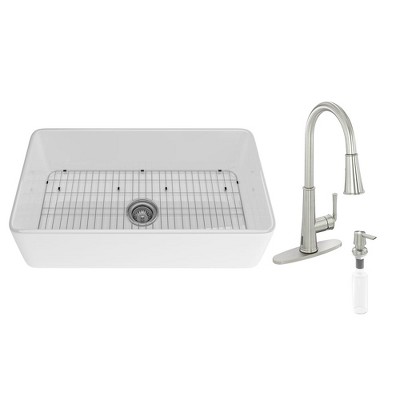 CASAINC 33'' Rectangular Single Bowl Fireclay Farmhouse Apron Kitchen Sink with Pullout Faucet, White