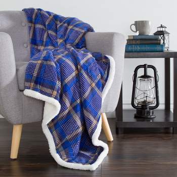 Reversible Plaid Fleece Blanket – 50I"x60" Machine Washable Faux Shearling Throw – Cozy Blanket for Couch, Chair, or Bed by Lavish Home (Blue/Yellow)