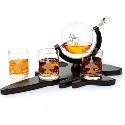 The Wine Savant Fighter Jet Globe Design Whiskey & Wine Decanter Set Includes Fighter Jet Whiskey Glasses, Beautiful Home Decor - 850 ml
