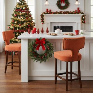 Homy Casa Set of 2 Upholstered Counter Height Bar Stools with Nailhead Trim and Wooden Legs, Orange - 1 of 4