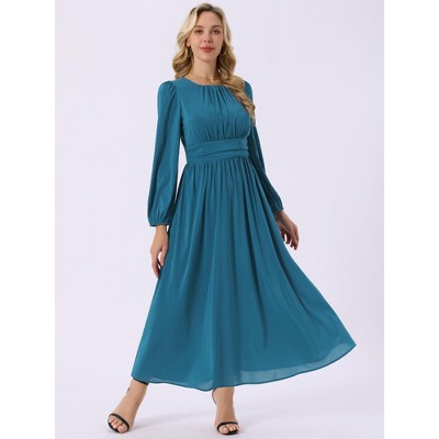 Женские платья INSPIRE CHIC Women's Crewneck Lantern Long Sleeves A-Line Pleated Chiffon Maxi Formal Dress Medium Lake Blue — фото 2