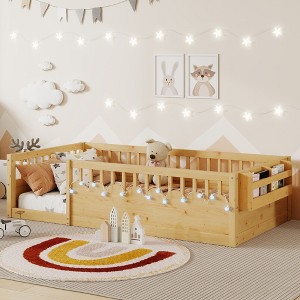 SeaCamel Low-Profile Twin Montessori Bed: Natural Wood Frame with Safety Rails, Night Light & Storage to Empower Independence - 1 of 4