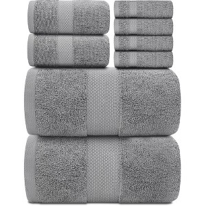White Classic Luxury 100% Cotton 8 Piece Towel Set - 4x Washcloths, 2x Hand, and 2x Bath Towels - 1 of 4