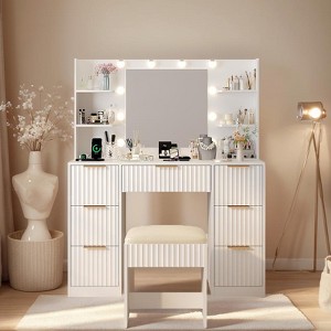 White Particle Board Laminated with Textured Melamine, 7-Drawer 4-Tier Shelf, with 10 Three-Color Dimmable Bulbs, Dressing Table Set - 1 of 4