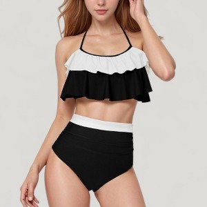 Anna-Kaci Swim Women's Ruffle Flounce Bikini Top and High Waist Bottom Two-Piece Swimsuit with Contrast Trim - 1 of 4