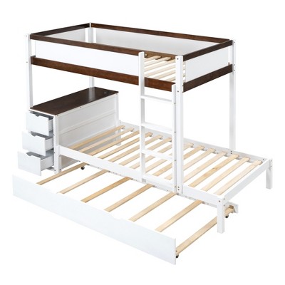 Bellemave Twin-Over-Twin Bunk Bed with Twin size Trundle, Storage and Desk, White+Walnut