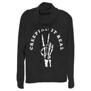 Juniors Womens CHIN UP Halloween Creepin' Real Skeleton Cowl Neck Sweatshirt - 1 of 4
