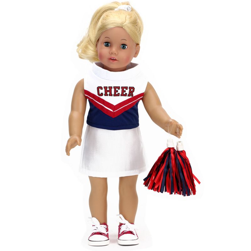 Sophia's Complete 4 Piece Cheerleading Uniform with CHEER Top and Skirt, Pom Poms and Tennis Shoes for 18" Dolls, White/Red, 4 of 6