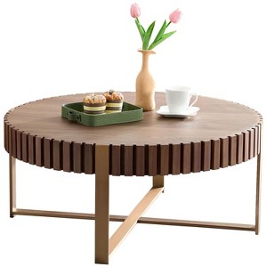 KTMBDW 31.5'' Round Coffee Table for Living Room, Modern Solid Wood Handcraft Drum Coffee Table, Wooden Felief Coffee Table for Apartment, Small Space - 1 of 4