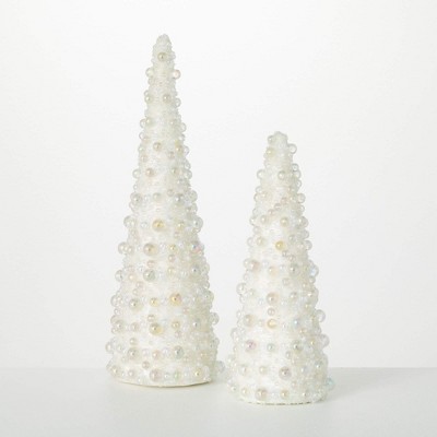 16.5"H and 12.25"H Sullivans Beaded Pearl Cone Tree - Set of 2, Christmas Decor, White