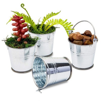 48-Count 2-Inch Mini Silver Metal Tin Bucket Pails with Handles for Party Favors and Succulents