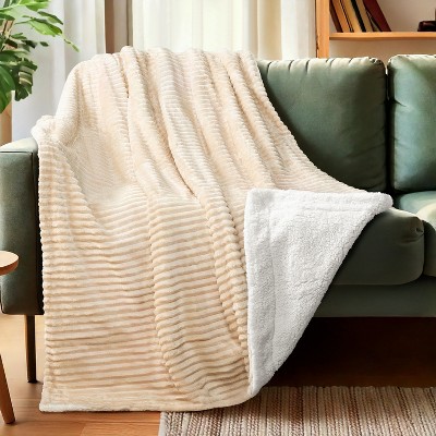 Cream Beige Reversible Sherpa Fleece Throw Blanket