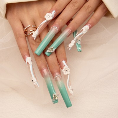 YEVYO Long Press On Nails - Square Rhinestone 3D Flower Full Cover for Women and Girls On Fake Nails - Blue - 10 Pcs