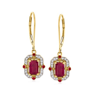 Ross-Simons 1.89 ct. t.w. Ruby and .14 ct. t.w. Diamond Drop Earrings in 14kt Yellow Gold
