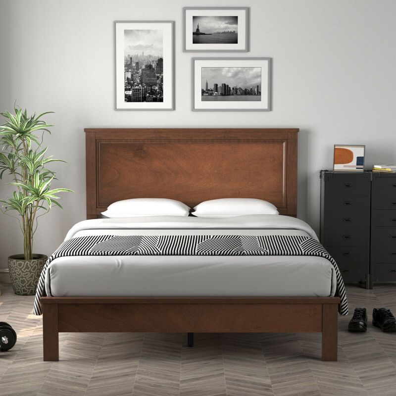 Costway Twin/Full/Queen Size Bed Frame Platform Slat High Headboard Bedroom Rubber Wood Leg, 5 of 11