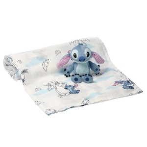 Lambs & Ivy Disney Stitch Luxury Muslin Swaddle Blanket & Plush Toy Gift Set - 1 of 4