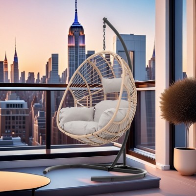 FURNIinspire Patio Swings Wicker Swing Egg Chair With Stand, Outdoor Indoor Hanging Chair With Beige Seat Cushion, Natural Color, 42“*47"*73"
