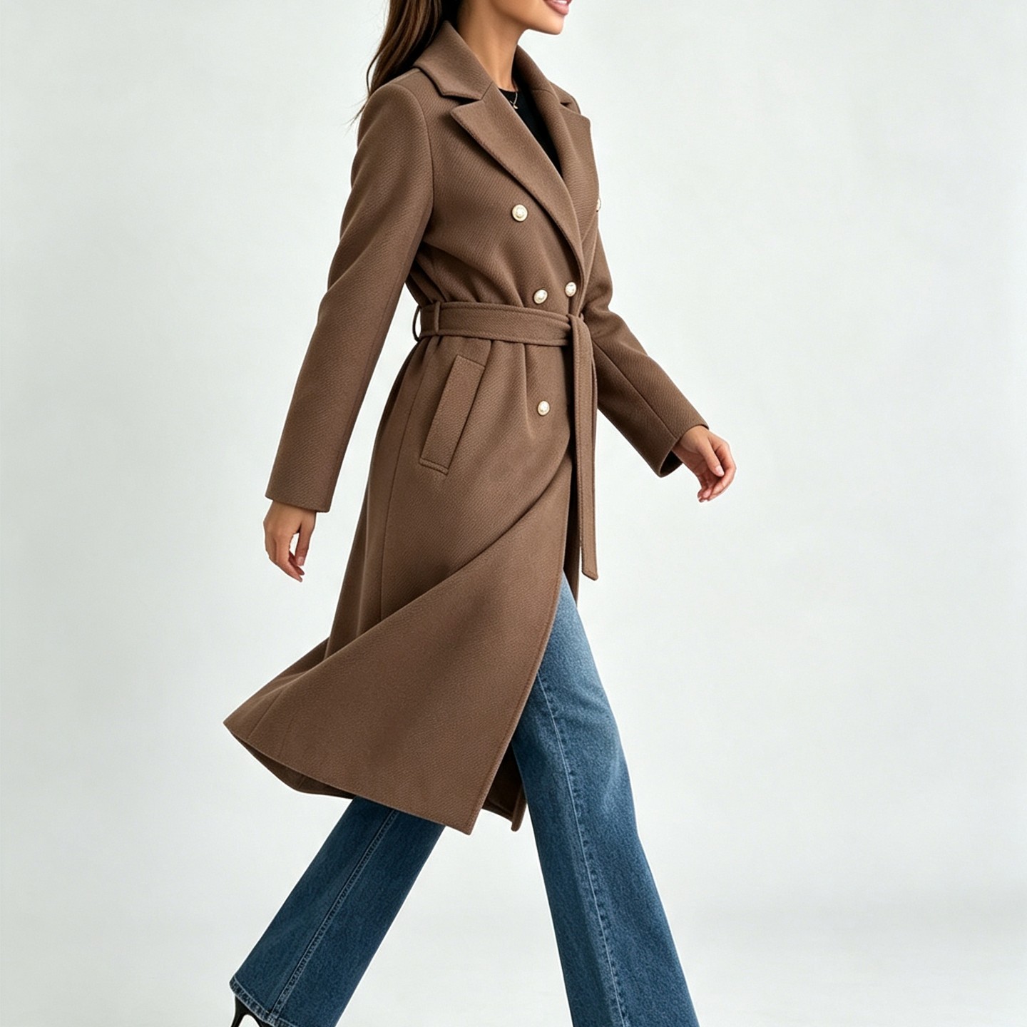 Женское пальто YesFashion Double Breasted Long Trench Coat, Belted Lapel Collar Elegant Winter Outerwear Overcoat Black, цвет: Чёрный — фото 2