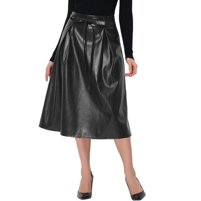 Allegra K Women's Faux Leather Skirt High Waist Belted A-line Flare ...