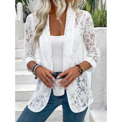 Женские кардиганы YesFashion Women’s Long Sleeve Floral Lace Open Front Blazer Jacket Sheer Lapel Collar Lightweight Cardigan Outerwear Casual Cover Up,S,White — фото 2
