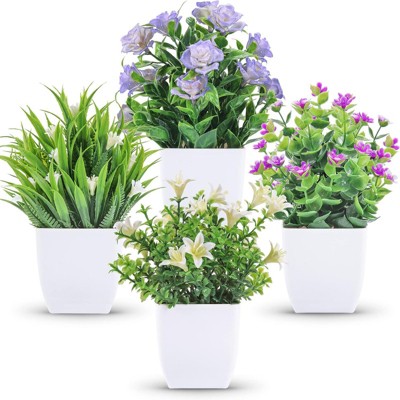 BRINJOY 4-Pack Mini Artificial Potted Plants with Flowers - Small Faux Spring Greenery for Home Desk & Farmhouse Decor