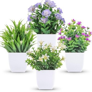 BRINJOY 4-Pack Mini Artificial Potted Plants with Flowers - Small Faux Spring Greenery for Home Desk & Farmhouse Decor - 1 of 4