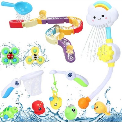 Bath Toys for Toddlers,with Shower Wall, Bathtub Toy 2 Suction Spinner Toys, Sliding Wall Track, Wind-Up Duck,Fishing Games, for Boys Girls