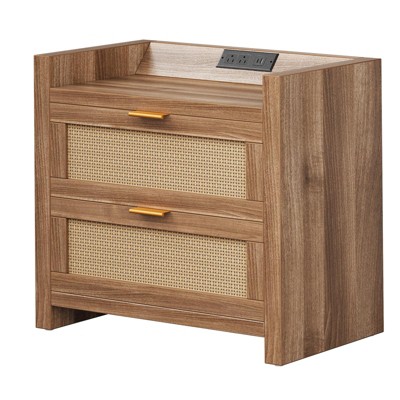 Night Stand Set of 2, Bedside Tables with Charging Station, Rattan End Tables, Boho Bed Side Tables, Wood Nightstands Set of 2 with Drawer