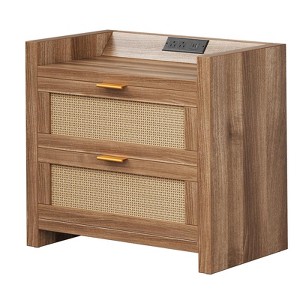Night Stand Set of 2, Bedside Tables with Charging Station, Rattan End Tables, Boho Bed Side Tables, Wood Nightstands Set of 2 with Drawer - 1 of 4