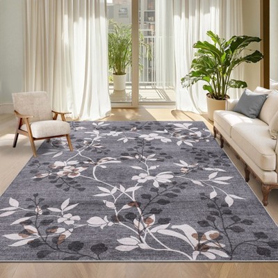 Washable Modern Leaves Printed Rug Non Slip Low Pile Rug Soft Botanical Pattern  Throw Floor Cover Foldable Indoor Carpet for Living Room Bedroom