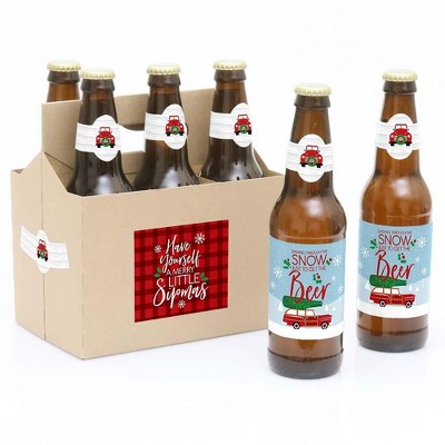 Big Dot of Happiness Merry Little Christmas Tree - Red Truck & Car Christmas Party Décor for Women & Men - 6 Beer Bottle Label Stickers & 1 Carrier