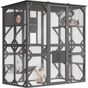 Acekool 70" Walk-In Wooden Outdoor Cat Enclosure with 4 Platforms, 2 Cat Houses, Hammock, Window Passage, 68" x 36.4" x 70" - 1 of 4
