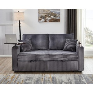 TiramisuBest Corduroy 2 Seat Sofa Sleeper Convertible Couch with USB Cup Holders 2 Pillows Pull Out Bed Living Room Guest Room, Dark Gray - 1 of 4