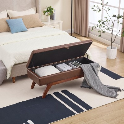 CAVINAS Rectangular Teddy Fabric Storage Ottoman Bench with Solid Wood Feet,Upholstered Storage Ottoman,Storage Benches for Living Room,Bedroom