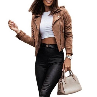 Women's Faux Leather Jacket Zipper Up Moto Biker Jacket Coats Casual Outwear//