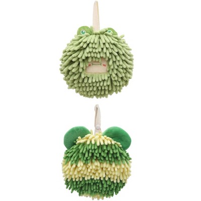 REGALWOVEN 2 Packs Chenille Fuzzy Cute Bear Shape Decorative Soft Absorbent Hanging Ball Hand Towels 7" x 7"
