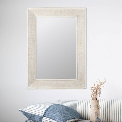 White Rectangular Wall Mirror with Rattan Detail