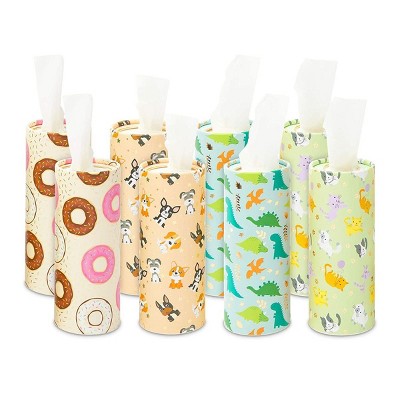 Zodaca 8 Pack Cylinder Tissue Holder Boxes with Facial Tissue for Car Cup or Travel, 400 Wipes, 4 Cute Designs