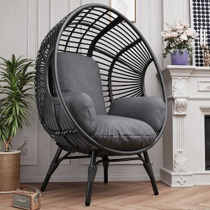 Whisen 37.4 in. W 1-Person PE Wicker Patio Egg Chair Patio Swings Chair with with Black Color Rattan Grey Cushion - Gray - 1 of 4