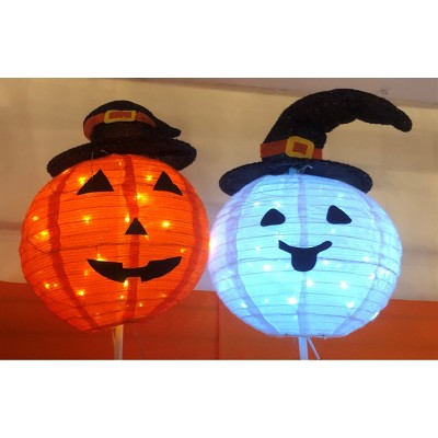 Season's Designs 27" Assorted Halloween Decoration: Jack o' Lantern Pumpkin & White Ghost in Witch Hats Metal, Indoor/Outdoor Use, Ground Freestanding