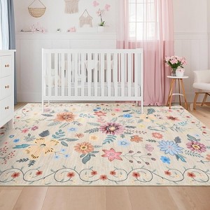 Area Rug, Washable Rugs for Living Room, Boho Floral Area Rug Low Pile Kitchen Rug, Non Slip Soft Indoor Flower Carpet for Nursery Bedroom - 1 of 4