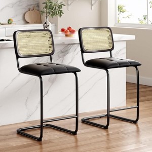 Black Counter Height Bar Stools Set of 2 Upholstered PU Leather Barstools with Rattan Back 30 inch Stools Armless Bar Chairs for Kitchen Island - 1 of 4