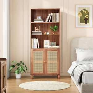 GDFStudio Melisande Farmhouse 5-Tier Tall Bookcase with 2 Rattan Doors and Adjustable Shelves - 1 of 4