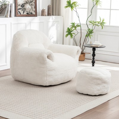 Dolonm Faux Fur Bean Bag Chair Set with Back Support and Footstool, Foam Filled Floor Sofa for Living Room Bedroom Apartment