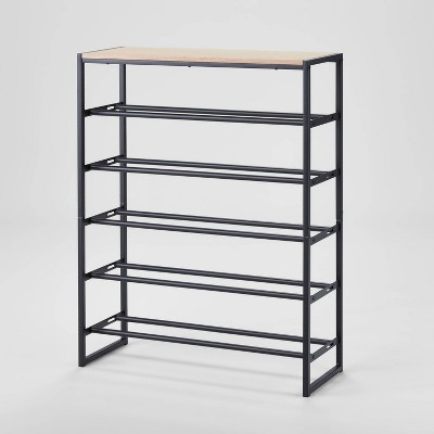 5 Tier Shoe Rack Black Metal with Natural Wood Brightroom