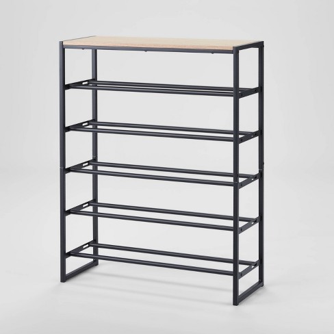 4 Tier Shoe Rack Black Metal with Natural Wood - Brightroom™