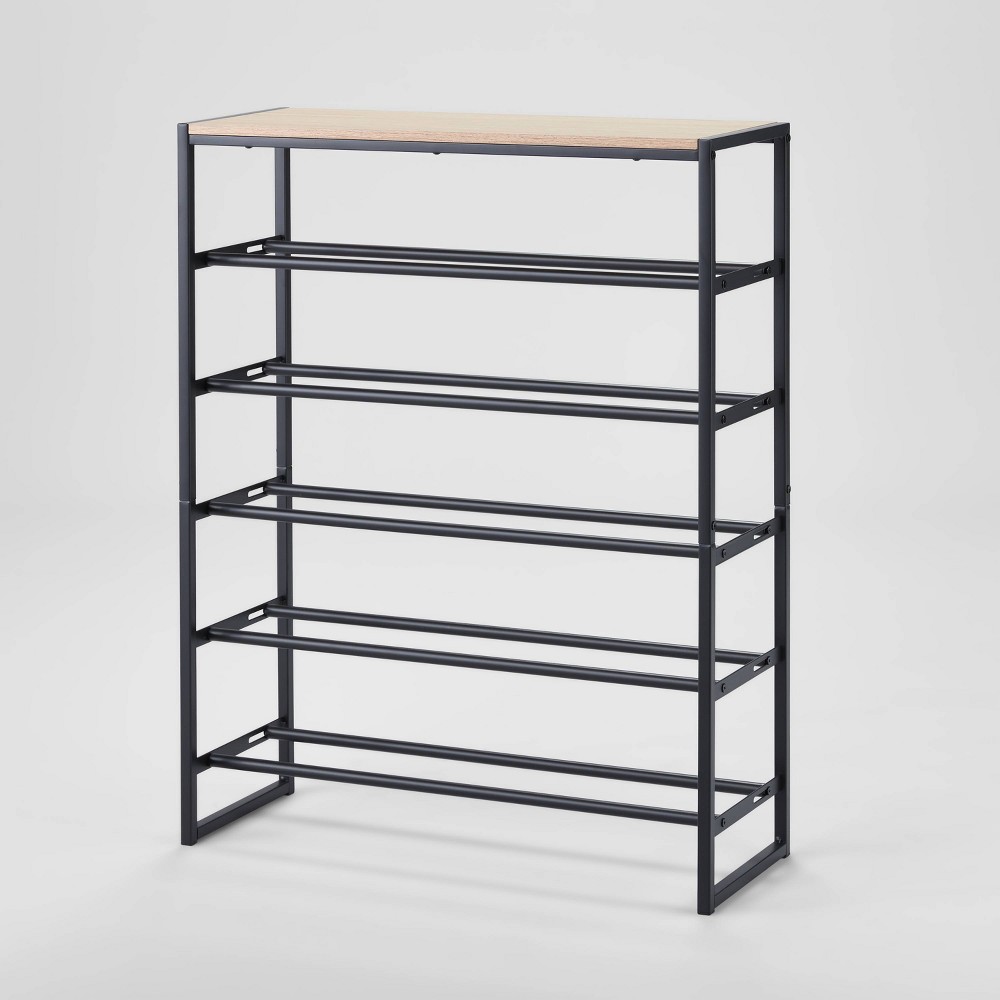5 Tier Shoe Rack Black Metal with Natural Wood - Brightroom™